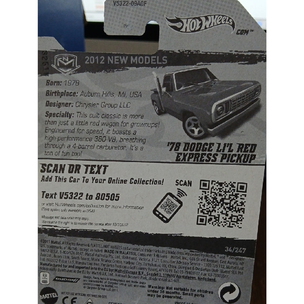 78 DODGE Lil Red Express Pickup Toy Truck - Red HOT WHEELS