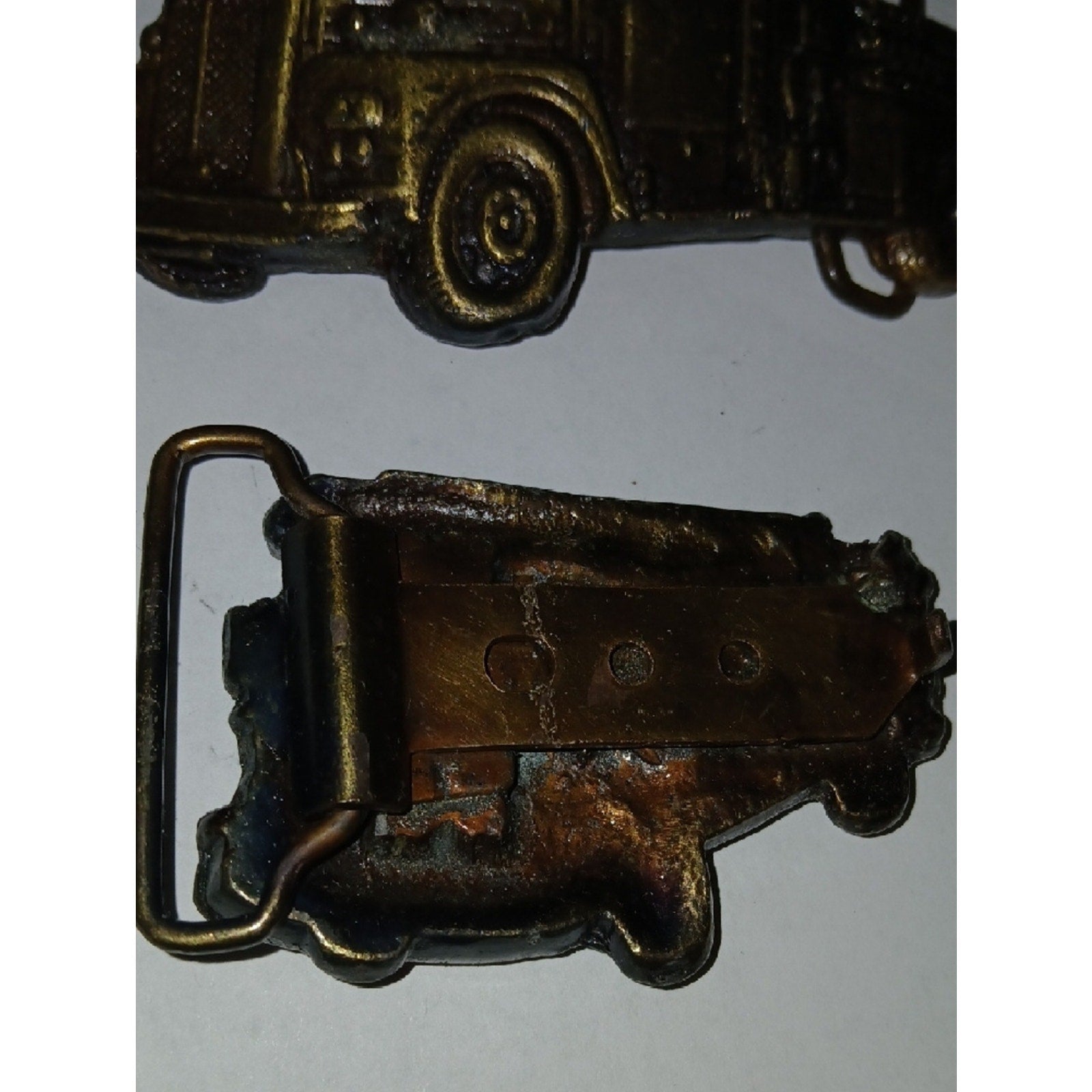 Antique Brass-Tone Fire Truck Belt Buckle 1.5 Belt Width