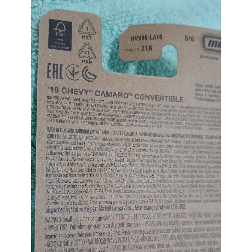 Matchbox Cry Baby '16 Chevy Camaro Convertible with Pink Windshield