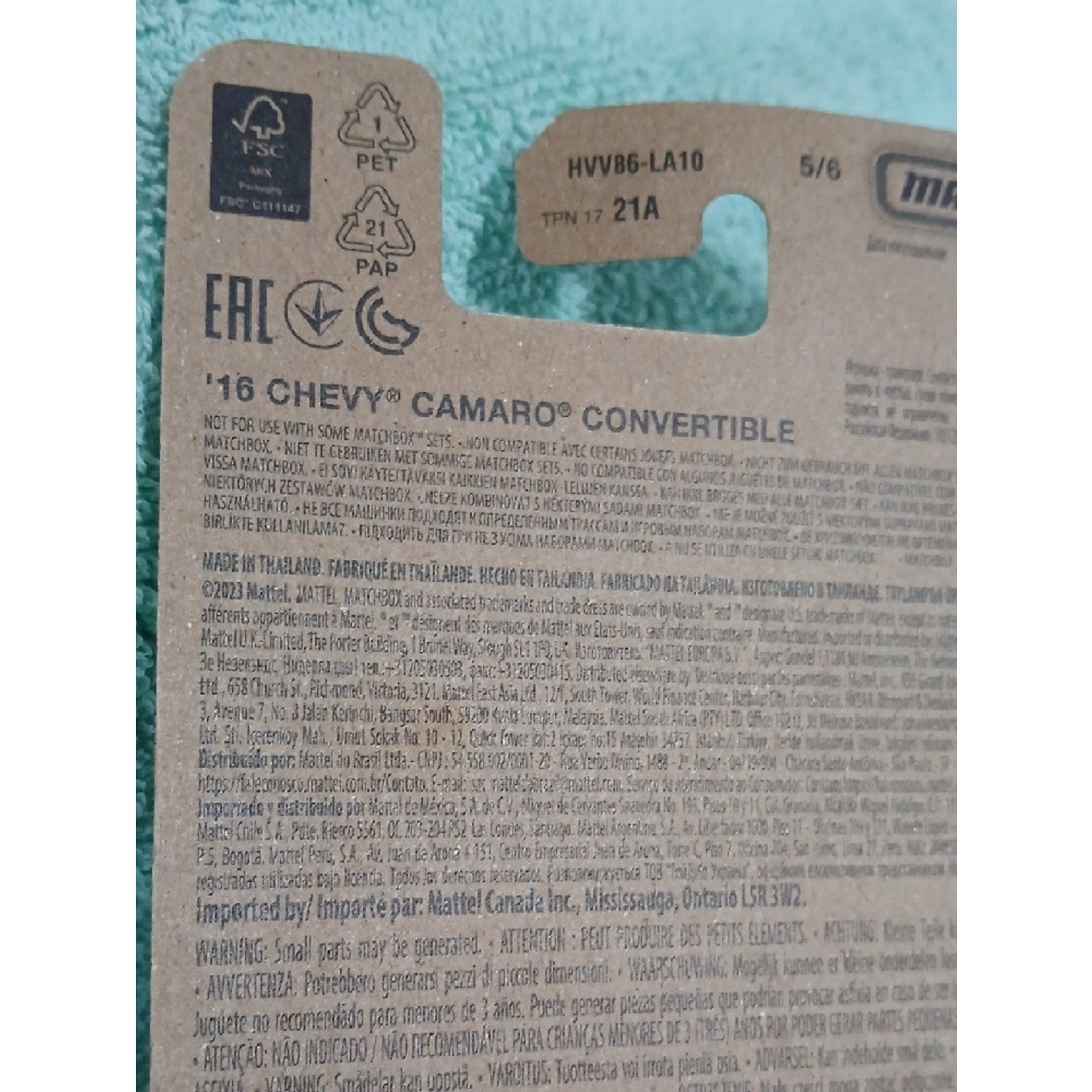 Matchbox Cry Baby '16 Chevy Camaro Convertible with Pink Windshield