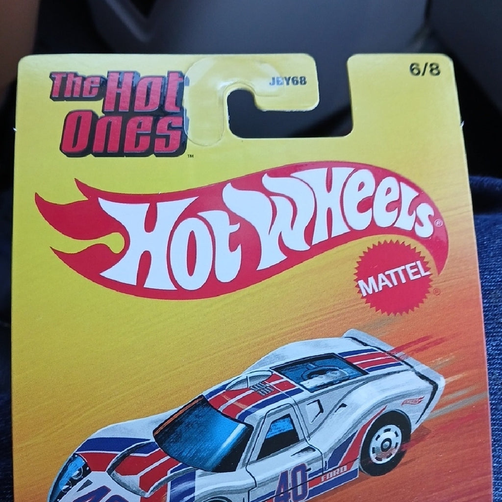 Hot Wheels '67 Ford GT40 Mk.IV Toy Car - White with Blue & Red Accents Hot Ones