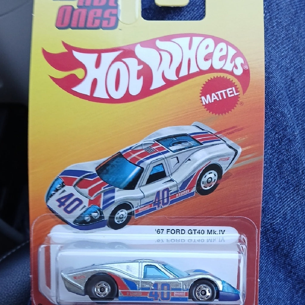 Hot Wheels '67 Ford GT40 Mk.IV Toy Car - White with Blue & Red Accents Hot Ones